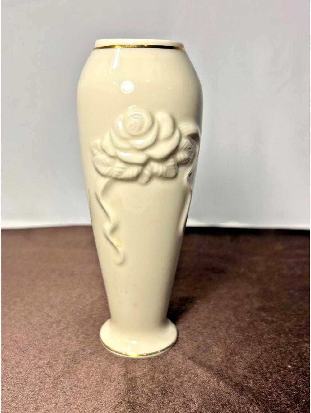 Lenox Ivory Porcelain Bud Vase Raised Rose & Ribbon Design Gold Trim